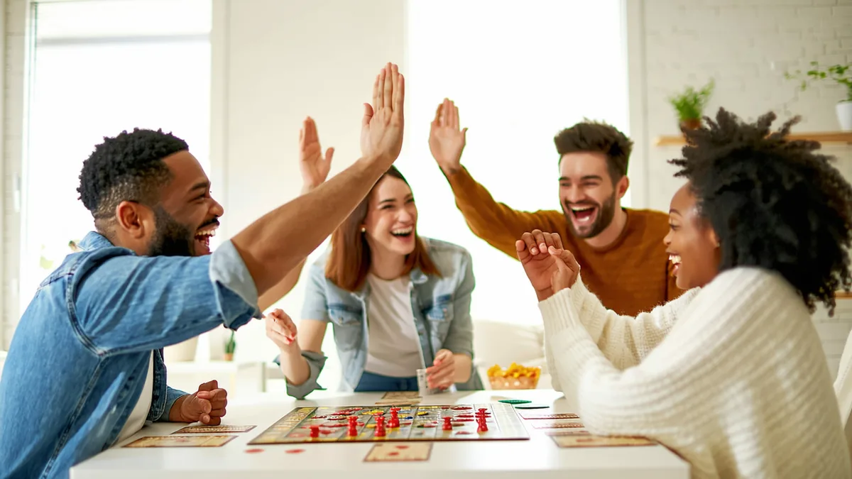 Friendly group of people laughing at a game table, illustrating good sportsmanship and fun game night etiquette