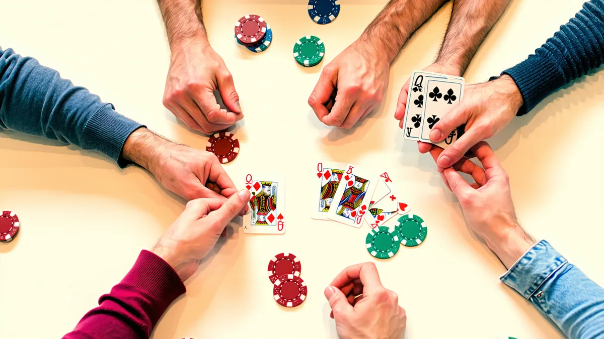 Casual and friendly poker game in progress among friends, warm home setting with cards and chips on a dining table
