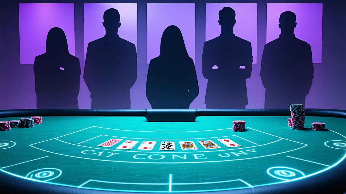 Abstract concept showing the connection between video calling and poker — faces visible across a digital table